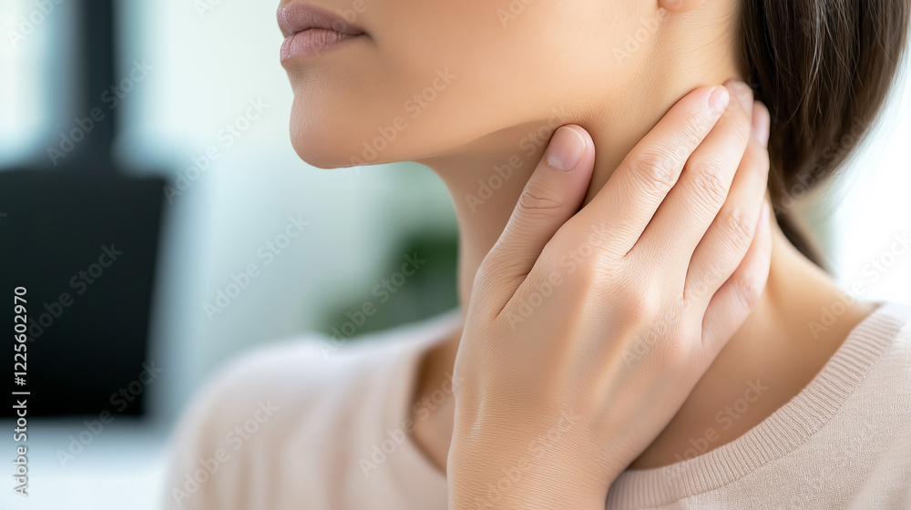 Woman suffering from throat pain touching her neck at home Woman suffering from throat pain touching her neck at home