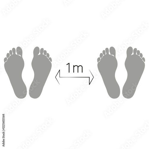 Wait stand here sign. Keep safe distance 1 meter.Floor Marking with footprints for queue.Physical social distancing icon.Epidemic protective equipment.Vector Image.Preventive measures steps to protect