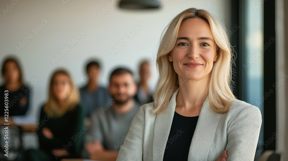 Smiling businesswoman leading diverse team in modern office Smiling businesswoman leading diverse team in modern office