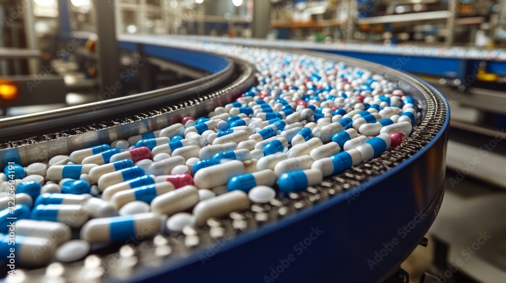 Fototapeta premium Colorful capsules move steadily along a conveyor at a pharmaceutical plant