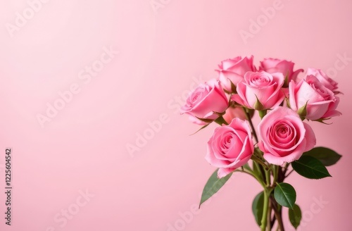 Beautiful bouquet of pink Rose flowers on a pink pastel background. Place for text.