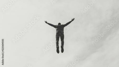 Man falling from sky, arms outstretched, monochrome.