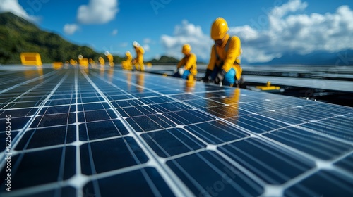 Wallpaper Mural Skilled laborers diligently install solar panels under a clear blue sky Torontodigital.ca
