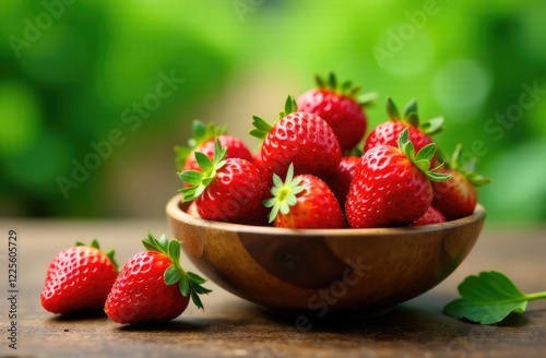 Wallpaper Mural Red strawberries with leaves in a wooden bowl on the wooden table Torontodigital.ca