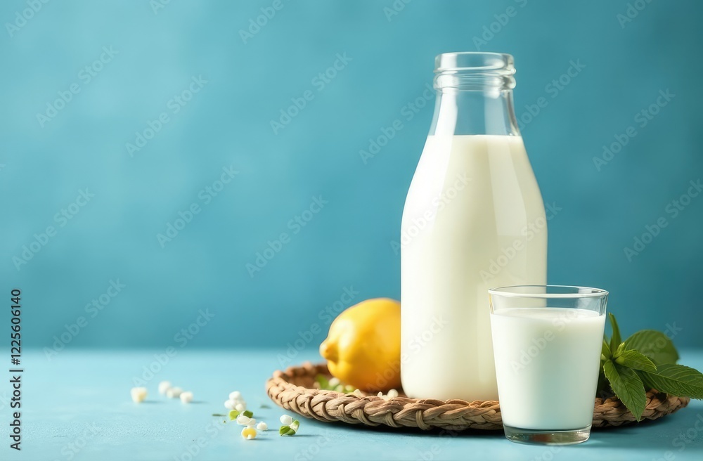A bottle of rustic milk and glass of milk on wicker on a blue background with copy space, nutritious and healthy dairy products concept A bottle of rustic milk and glass of milk on wicker on a blue background with copy space, nutritious and healthy dairy products concept