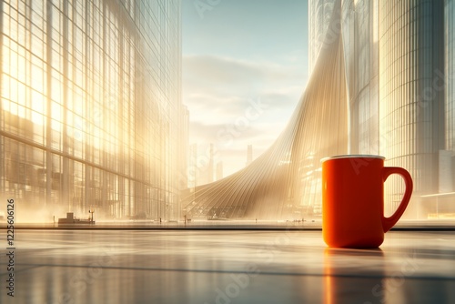 Celebración del día de San Valentín con un perro caliente en una mesa de café junto a una taza naranja photo