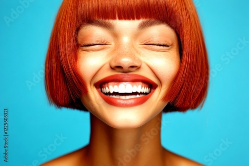 Commercial ad campaign creative. Short haircut - red hair. Gorgeous smiling mixed-race girl - for ads, brochure and digital marketing use. Chic african portraits. Stylish advertising ideas. photo