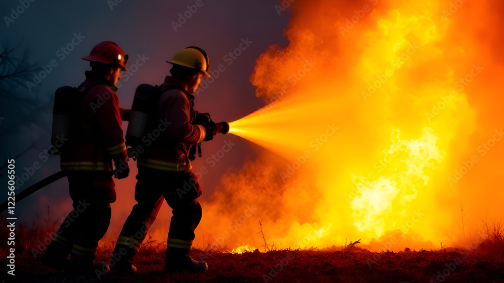 Two courageous firefighters are actively spraying water onto a raging fire to control the flames and prevent further damage to the area