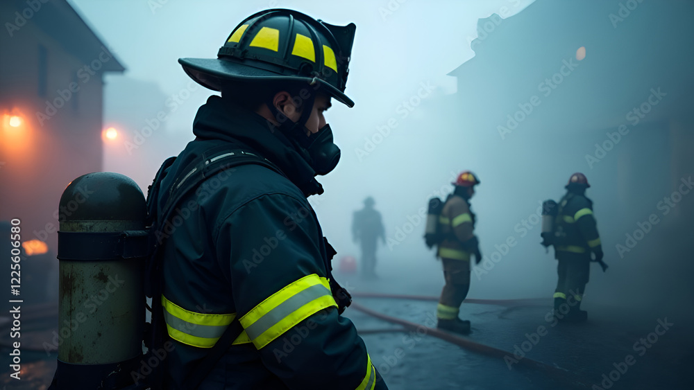 A fireman dressed in a protective helmet and gas mask stands resolutely in the thick fog, ready to face any emergency situation that arises