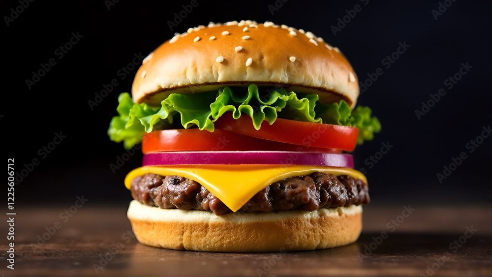 A delicious hamburger topped with crisp lettuce, juicy tomato slices, savory onions, and melted cheese, sitting on a rustic wooden table