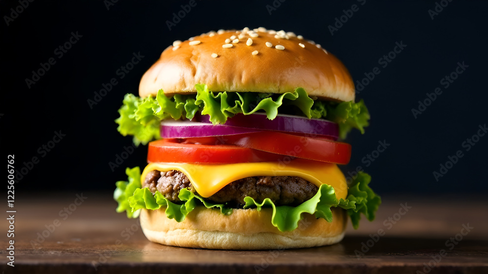 A delicious hamburger topped with crisp lettuce, juicy tomato slices, savory onions, and melted cheese, sitting on a rustic wooden table