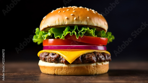 Obraz na płótnie A delicious hamburger topped with crisp lettuce, juicy tomato slices, savory onions, and melted cheese, sitting on a rustic wooden table w salonie