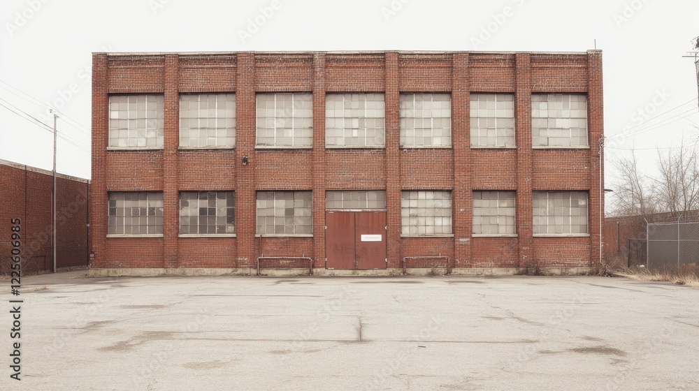 Old brick factory building with many windows and a large door, in an empty lot.