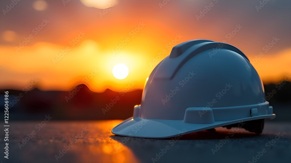 A white hard hat is resting on the ground in front of a stunning sunset, casting a warm glow and emphasizing its presence