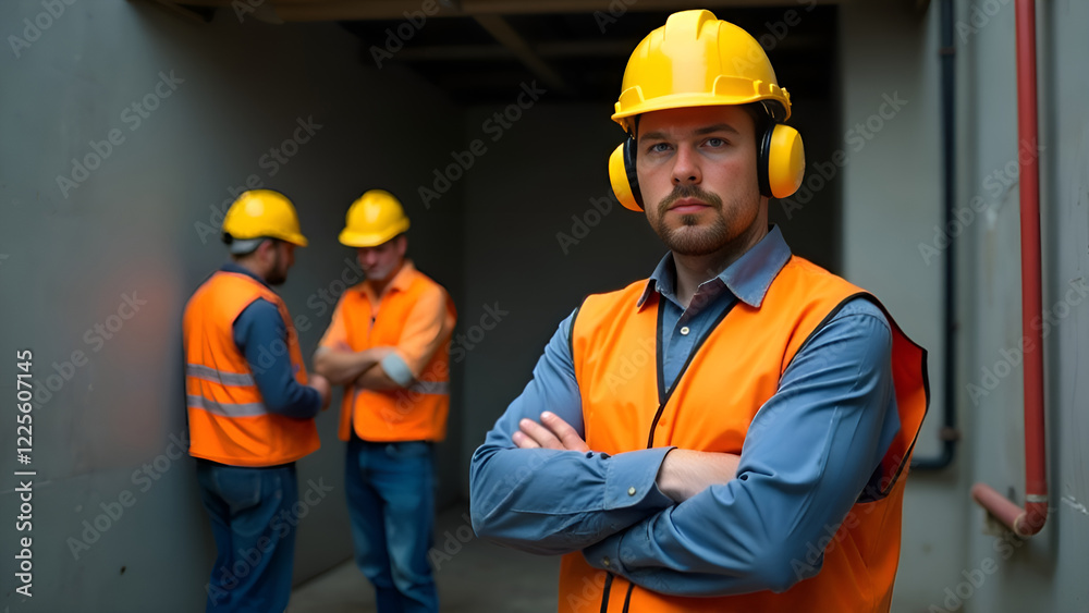 A man is standing in a welllit hallway wearing a hard hat and headphones, with his arms crossed firmly across his chest, looking intent