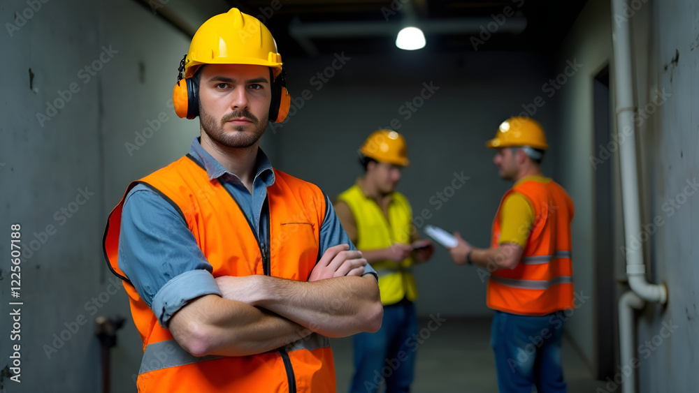 A man is standing in a welllit hallway wearing a hard hat and headphones, with his arms crossed firmly across his chest, looking intent