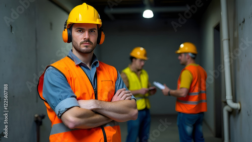 Obraz na płótnie A man is standing in a welllit hallway wearing a hard hat and headphones, with his arms crossed firmly across his chest, looking intent w salonie