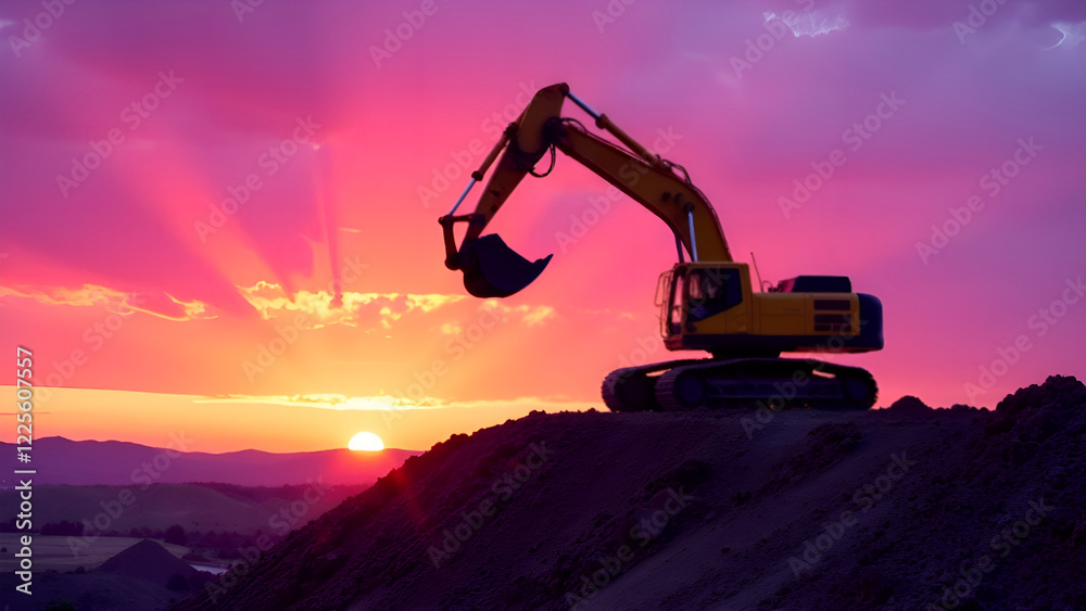 An excavator is perched majestically on top of a hill, taking in the breathtaking view as the sun sets on the horizon, painting the sky with vibrant colors