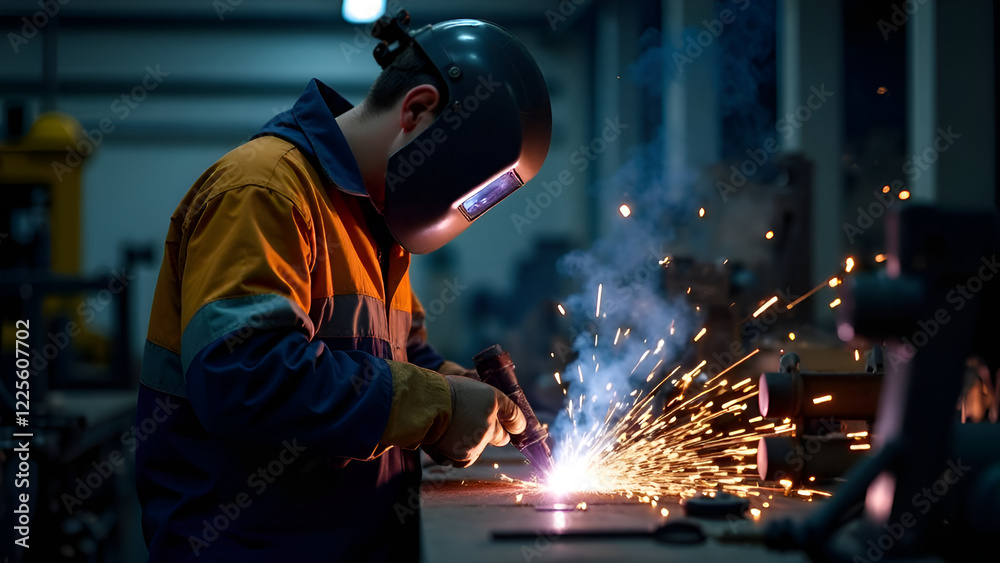 A man is skillfully welding a piece of metal in a factory as part of his job, showcasing his expertise in metalworking and safety