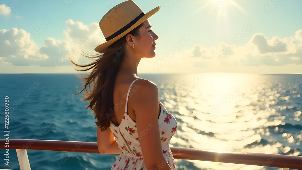 A woman who is wearing a straw hat is standing on the deck of a cruise ship, gazing out at the beautiful, vast ocean ahead of her