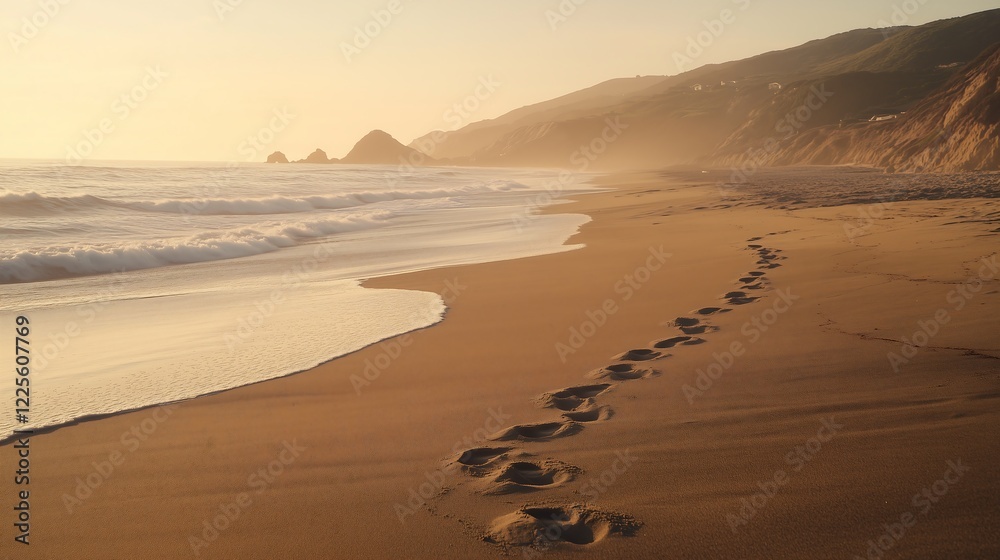 Footprints in sand leading to ocean Footprints in sand leading to ocean