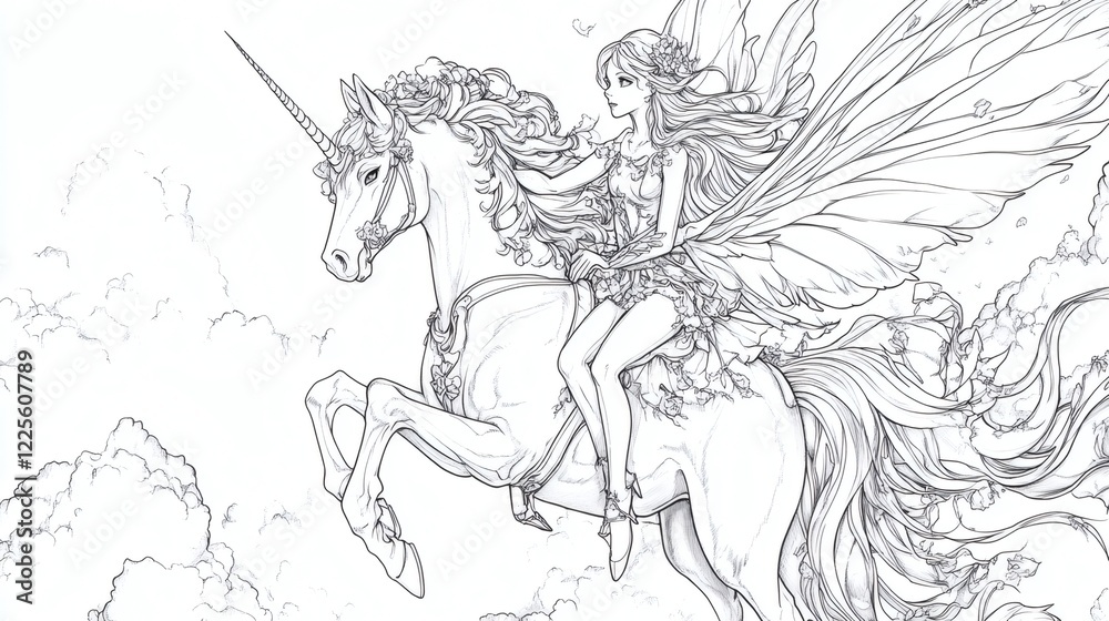 Fantasy illustration of a fairy riding a unicorn through whimsical clouds during a magical dawn Fantasy illustration of a fairy riding a unicorn through whimsical clouds during a magical dawn