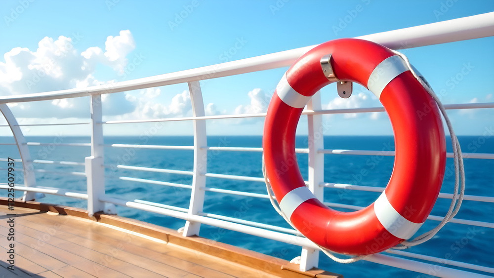 A bright red life preserver is securely hanging from a railing on a large boat, ready for use in case of an emergency at sea