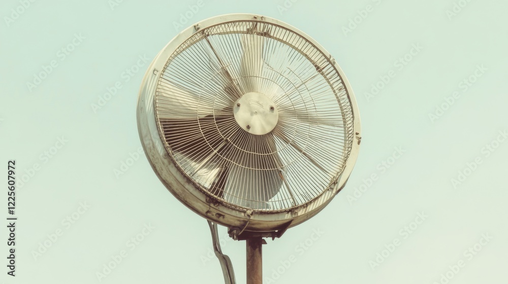 Old, weathered metal fan on rusty pole against pale sky. Old, weathered metal fan on rusty pole against pale sky.