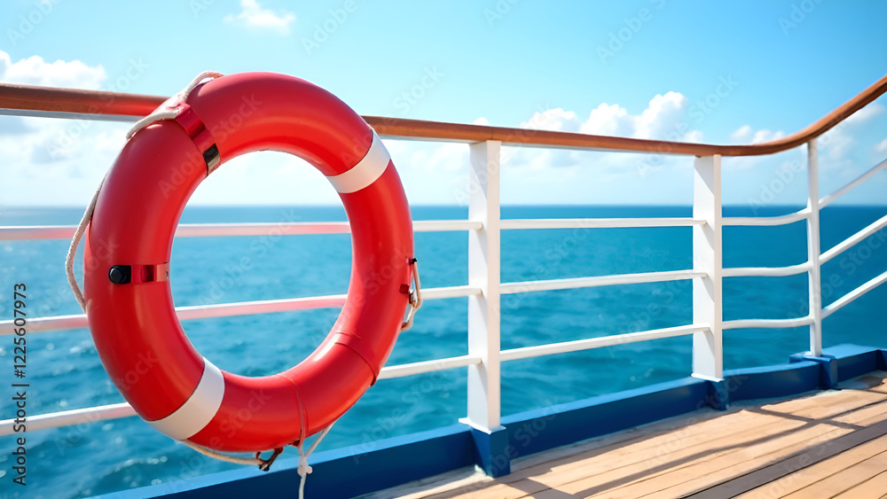 A bright red life preserver is securely hanging from a railing on a large boat, ready for use in case of an emergency at sea
