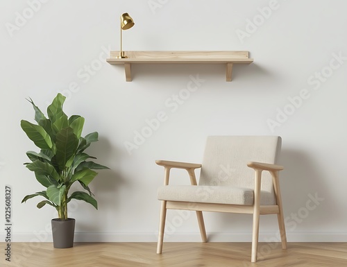 White wall mockup with a cozy armchair and minimalist shelf, wooden floor, Scandinavian interior design 