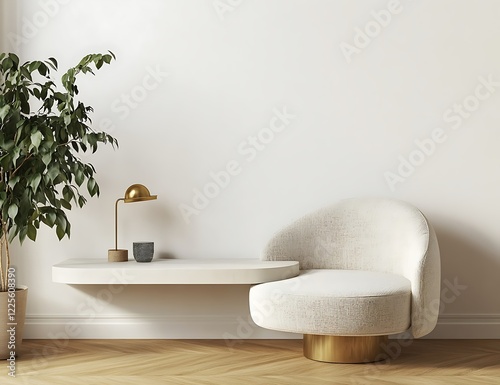 White wall mockup with a cozy armchair and minimalist shelf, wooden floor, 