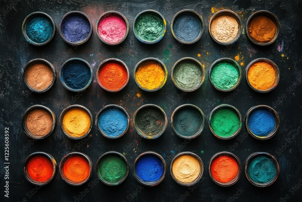 Vibrant Display of Colored Powders in Bowls