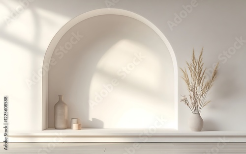 White wall with sleek shelves and a rounded arch, minimalist home decor mockup with soft lighting and subtle textures, interior design concept