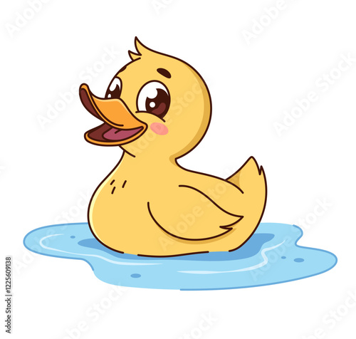 Little duckling, cartoon style duck character swimming in water, kids vector illustration