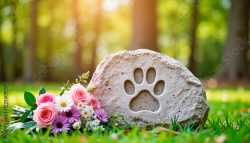 Small pet memorial stone with a paw print surrounded by flowers in a tranquil garden setting