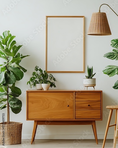 Wooden cabinet with green plants and a stylish lamp placed on the floor, a blank mock-up poster frame , 
