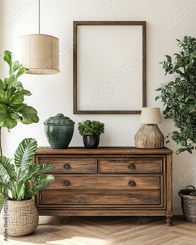 Wooden cabinet with green plants and a stylish lamp placed on the floor, 