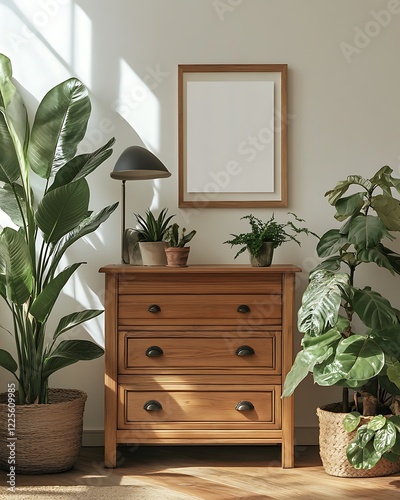 Wooden cabinet with green plants and a stylish lamp placed on the floor, 
