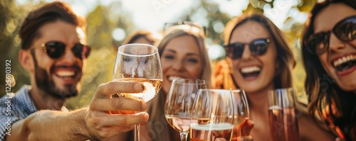 Group of friends having fun, laughing and drinking wine at a vineyard lunch on a sunny day