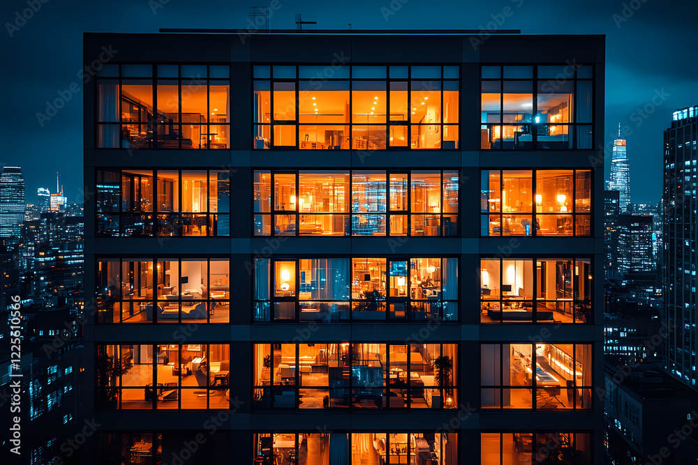 A modern illuminated building at night, glowing with vibrant glass windows, creating a captivating cityscape scene A modern illuminated building at night, glowing with vibrant glass windows, creating a captivating cityscape scene
