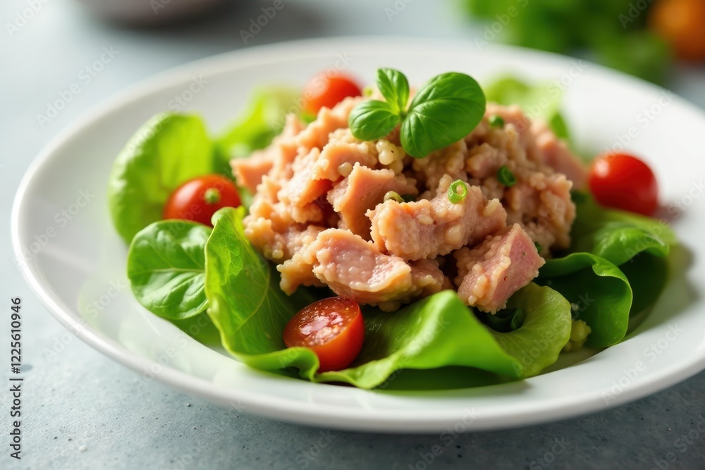 White plate topped with fresh tuna salad and mixed greens, plate, leafy White plate topped with fresh tuna salad and mixed greens, plate, leafy
