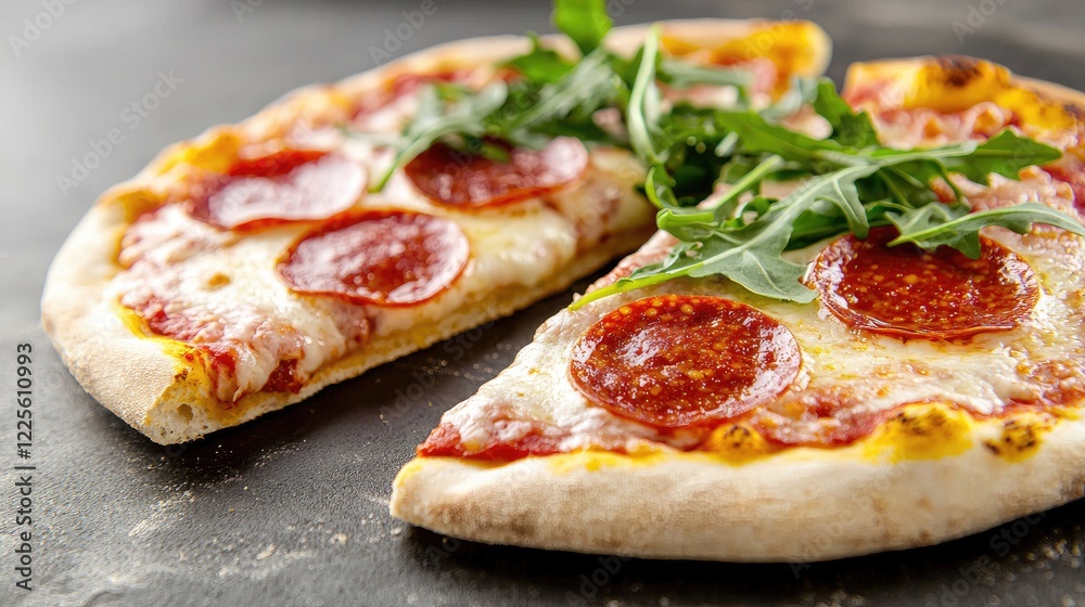 Delicious pepperoni pizza with arugula, sliced, ready to eat Delicious pepperoni pizza with arugula, sliced, ready to eat