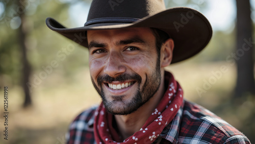 Wallpaper Mural A man wearing a cowboy hat and a red bandana is smiling. He looks happy and content Torontodigital.ca