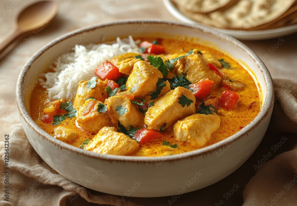 Creamy Chicken Curry with Rice and Fresh Vegetables Served in a Rustic Bowl Surrounded by Traditional Indian Cuisine Elements Creamy Chicken Curry with Rice and Fresh Vegetables Served in a Rustic Bowl Surrounded by Traditional Indian Cuisine Elements