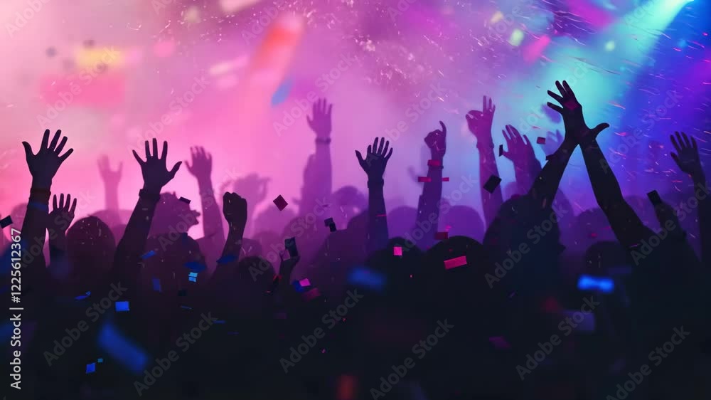 Colorful confetti fills the air as a crowd of excited individuals raises their hands in celebration during a lively event at night. Colorful confetti fills the air as a crowd of excited individuals raises their hands in celebration during a lively event at night.