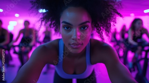 Engaging in an energetic spin class with vibrant lighting in a modern fitness studio