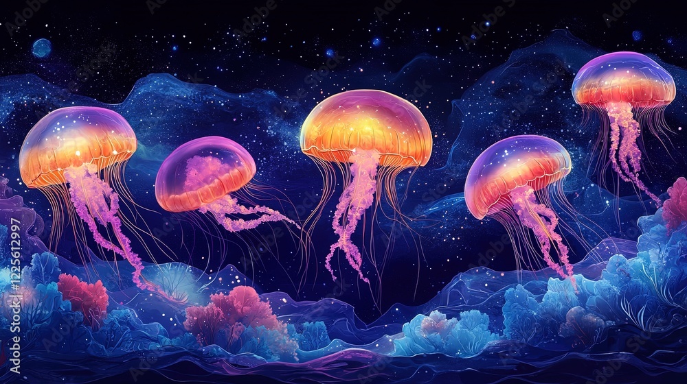 Fototapeta premium A school of glowing jellyfish drifting in the dark ocean, surreal and luminous scene 