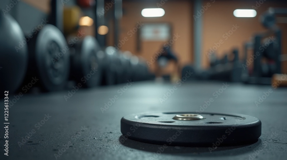 Fototapeta premium Close-Up of a Black Weight Plate on a Gym Floor