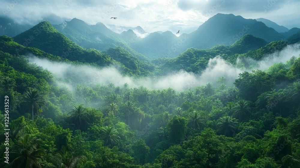 Obraz premium Misty Tropical Forest with Foggy Mountains. Generative AI
