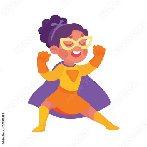 Happy Girl Superhero Wearing Colorful Costume Vector Illustration